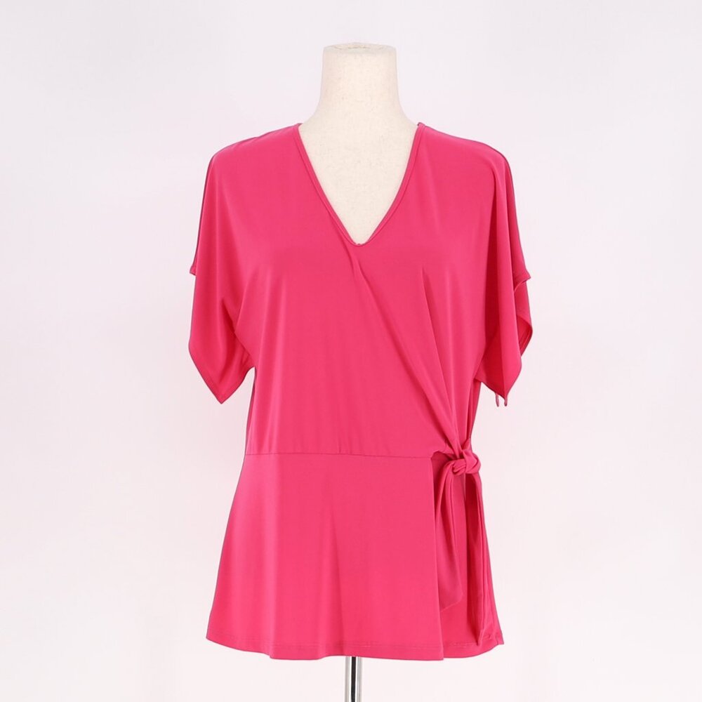 CLARA SUNWOO Faux Wrap Stretch Jersey Short Sleeve Top Magenta Hot Pink Size S
